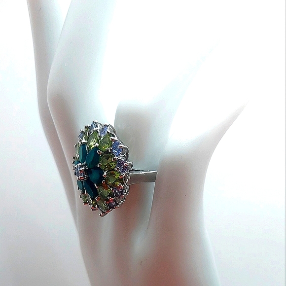 Natural Aventurine 6x4mm, Peridot, Tanzanite 925 Sterling Silver Ring Size 6.75 - Picture 4 of 10